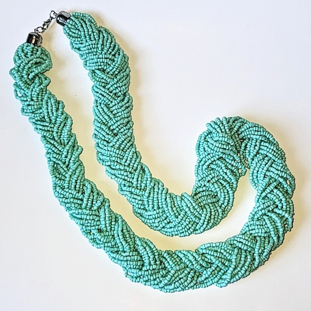 AQUA BRAIDED SEED BEAD NECKLACE - 28" LONG SOUTHWESTERN FLAIR